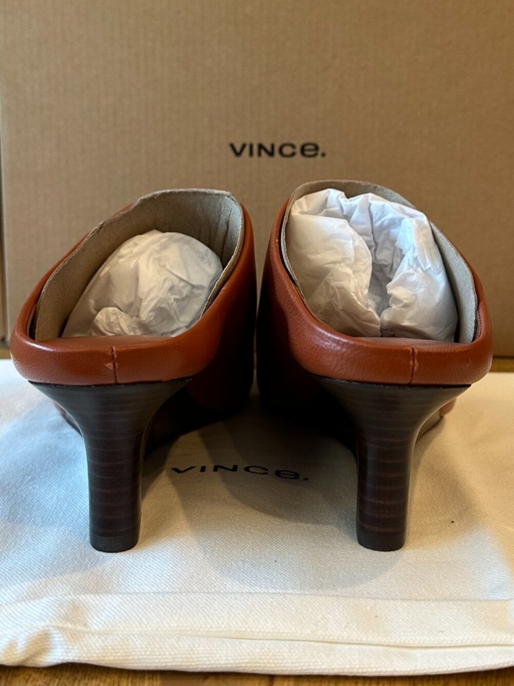 Vince Leather Benita Square Toe Slip On Clog Wedge Heel Pumps (Rust Amber) - Picture 14 of 16